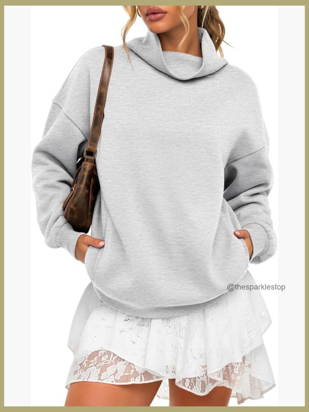 Oversized Mock Neck Fleece Pullover Sweatshirt with Pockets